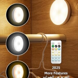 Motion Sensor Light - Smart Round Light with Timer Mode- Equipped with Remote Control - Under Cabinet Light - White Light、Warm Light、Natural Light - Rechargeable Night Light for Kitchen, Staircase, Bedroom, Drawer