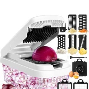 15-in-1 Multifunction Vegetable Chopper with 7 Interchangeable Blades for Slicing, Dicing & Grating (Black/White)