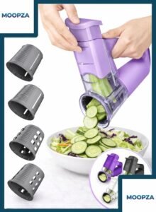 Electric Vegetable Slicer Multifunction Food Cutter with 4 Interchangeable Blades Portable Handheld Salad Maker for Fruits and Vegetables Easy One Hand Operation (Random Colours)