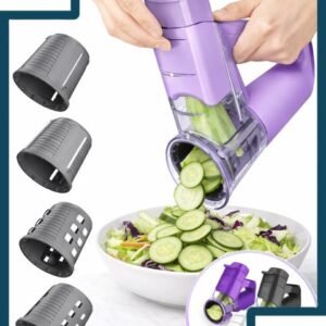 Electric Vegetable Slicer Multifunction Food Cutter with 4 Interchangeable Blades Portable Handheld Salad Maker for Fruits and Vegetables Easy One Hand Operation (Random Colours)